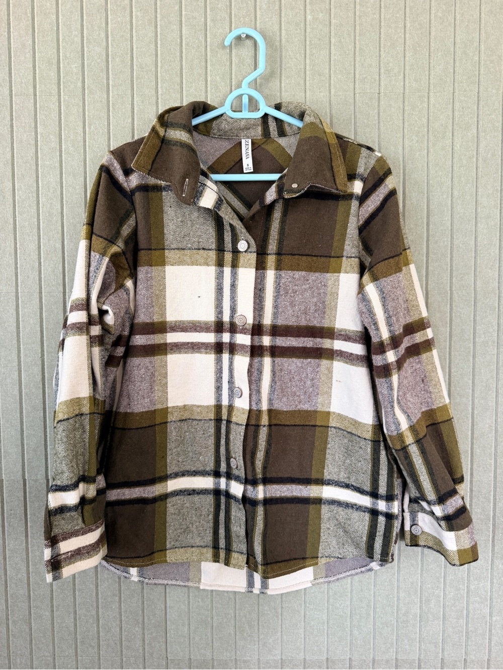 Zenana Outfitters Olive, Brown & Cream Plaid Kids Shacket